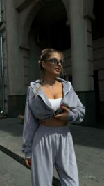 Женский Серый Костюм Велюр с Кантом - Зип Кофта + Широкие Штаны