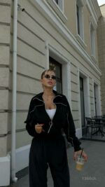 Женский Черный Костюм Велюр с Кантом - Зип Кофта + Широкие Штаны