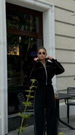 Женский Черный Костюм Велюр с Кантом - Зип Кофта + Широкие Штаны