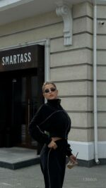 Женский Черный Костюм Велюр с Кантом - Зип Кофта + Широкие Штаны