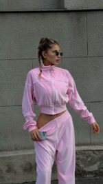 Женский Розовый Костюм Велюр с Кантом - Зип Кофта + Широкие Штаны