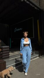 Женский Голубой Костюм Велюр с Кантом - Зип Кофта + Широкие Штаны