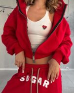 Женский Красный Спортивный Костюм с Надписью "Sugar Mommy" - Укороченная Зипка + Широкие Штаны