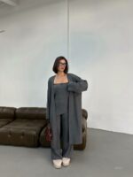 Женский Классический Графитовый Костюм Тройка - Кардиган + Асимметричный Топ + Брюки
