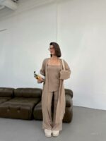 Женский Классический Костюм Мокко Тройка - Кардиган + Асимметричный Топ + Брюки