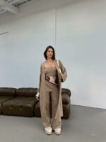 Женский Классический Костюм Мокко Тройка - Кардиган + Асимметричный Топ + Брюки