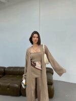 Женский Классический Костюм Мокко Тройка - Кардиган + Асимметричный Топ + Брюки