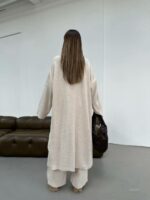 Женский Классический Бежевый Костюм Тройка - Кардиган + Асимметричный Топ + Брюки