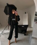 Женский Утепленный Черный Спортивный Костюм на Флисе - Кофта с Зип Воротником + Штаны Джоггеры