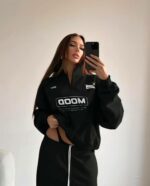 Женский Утепленный Черный Спортивный Костюм на Флисе - Кофта с Зип Воротником + Штаны Джоггеры