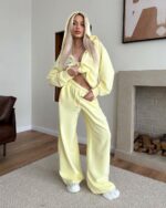 Женский Желтый Спортивный Костюм Оверсайз на Молнии - Зип Кофта + Широкие Штаны