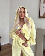 Женский Желтый Спортивный Костюм Оверсайз на Молнии - Зип Кофта + Широкие Штаны