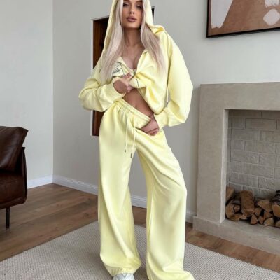 Женский Желтый Спортивный Костюм Оверсайз на Молнии - Зип Кофта + Широкие Штаны