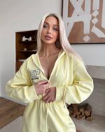 Женский Желтый Спортивный Костюм Оверсайз на Молнии - Зип Кофта + Широкие Штаны