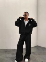 Женский Черный Спортивный Костюм Оверсайз с Вышивкой - Зип Кофта Худи + Широкие Штаны