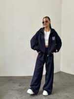 Женский Темно-Синий Спортивный Костюм Оверсайз с Вышивкой - Зип Кофта Худи + Широкие Штаны