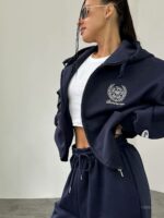 Женский Темно-Синий Спортивный Костюм Оверсайз с Вышивкой - Зип Кофта Худи + Широкие Штаны