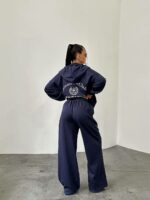 Женский Темно-Синий Спортивный Костюм Оверсайз с Вышивкой - Зип Кофта Худи + Широкие Штаны