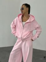 Женский Розовый Спортивный Костюм Оверсайз с Вышивкой - Зип Кофта Худи + Широкие Штаны