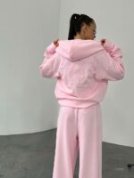 Женский Розовый Спортивный Костюм Оверсайз с Вышивкой - Зип Кофта Худи + Широкие Штаны