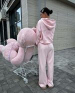 Женский Розовый Спортивный Костюм Оверсайз с Вышивкой - Зип Кофта Худи + Широкие Штаны