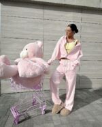 Женский Розовый Спортивный Костюм Оверсайз с Вышивкой - Зип Кофта Худи + Широкие Штаны