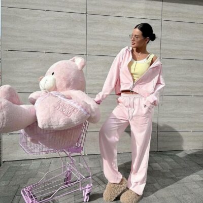 Женский Розовый Спортивный Костюм Оверсайз с Вышивкой - Зип Кофта Худи + Широкие Штаны