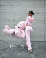 Женский Розовый Спортивный Костюм Оверсайз с Вышивкой - Зип Кофта Худи + Широкие Штаны