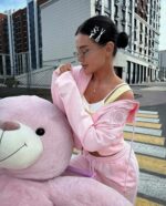 Женский Розовый Спортивный Костюм Оверсайз с Вышивкой - Зип Кофта Худи + Широкие Штаны