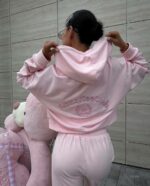 Женский Розовый Спортивный Костюм Оверсайз с Вышивкой - Зип Кофта Худи + Широкие Штаны