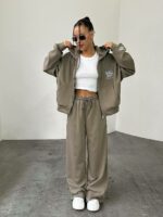 Женский Спортивный Костюм Хаки Оверсайз с Вышивкой - Зип Кофта Худи + Широкие Штаны