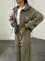 Женский Спортивный Костюм Хаки Оверсайз с Вышивкой - Зип Кофта Худи + Широкие Штаны