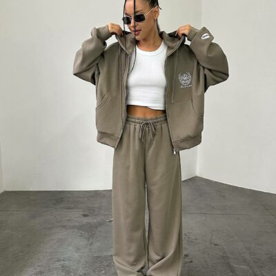Женский Спортивный Костюм Хаки Оверсайз с Вышивкой - Зип Кофта Худи + Широкие Штаны