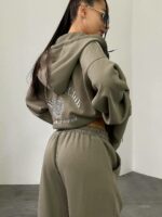 Женский Спортивный Костюм Хаки Оверсайз с Вышивкой - Зип Кофта Худи + Широкие Штаны