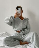 Женский Теплый Спортивный Костюм Серый Меланж на Флисе - Зип Кофта + Широкие Штаны