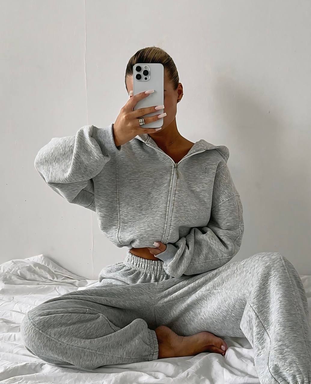 photo_2025-10-24_21-32-34 (2) Женский Теплый Спортивный Костюм Серый Меланж на Флисе - Зип Кофта + Широкие Штаны