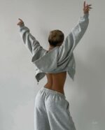 Женский Теплый Спортивный Костюм Серый Меланж на Флисе - Зип Кофта + Широкие Штаны