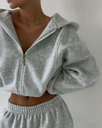 Женский Теплый Спортивный Костюм Серый Меланж на Флисе - Зип Кофта + Широкие Штаны