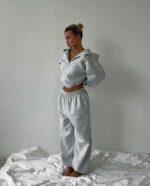 Женский Теплый Спортивный Костюм Серый Меланж на Флисе - Зип Кофта + Широкие Штаны