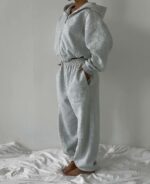 Женский Теплый Спортивный Костюм Серый Меланж на Флисе - Зип Кофта + Широкие Штаны