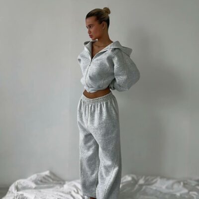Женский Теплый Спортивный Костюм Серый Меланж на Флисе - Зип Кофта + Широкие Штаны