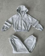 Женский Теплый Спортивный Костюм Серый Меланж на Флисе - Зип Кофта + Широкие Штаны