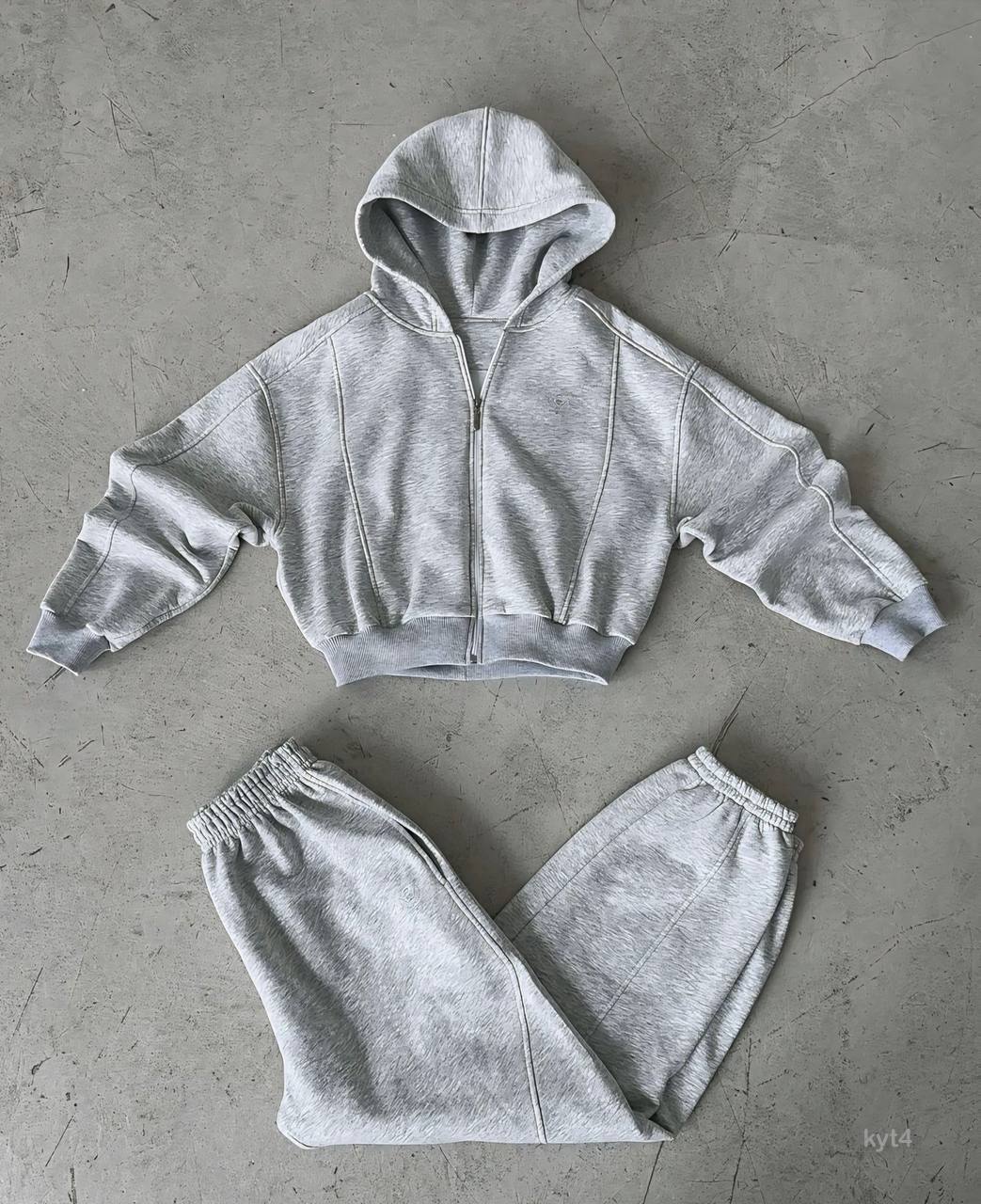 photo_2025-10-24_21-32-37 Женский Теплый Спортивный Костюм Серый Меланж на Флисе - Зип Кофта + Широкие Штаны