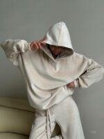 Женский Теплый Зимний Бежевый Костюм Свободного Кроя - Кофта с Капюшоном + Штаны