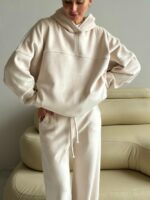 Женский Теплый Зимний Бежевый Костюм Свободного Кроя - Кофта с Капюшоном + Штаны