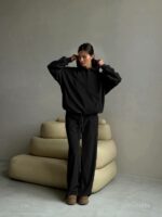 Женский Теплый Зимний Черный Костюм Свободного Кроя - Кофта с Капюшоном + Штаны