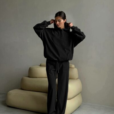 Женский Теплый Зимний Черный Костюм Свободного Кроя - Кофта с Капюшоном + Штаны