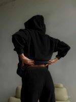Женский Теплый Зимний Черный Костюм Свободного Кроя - Кофта с Капюшоном + Штаны