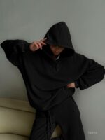 Женский Теплый Зимний Черный Костюм Свободного Кроя - Кофта с Капюшоном + Штаны