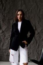 Женский Черный Пиджак Жакет - Классический с Пояском